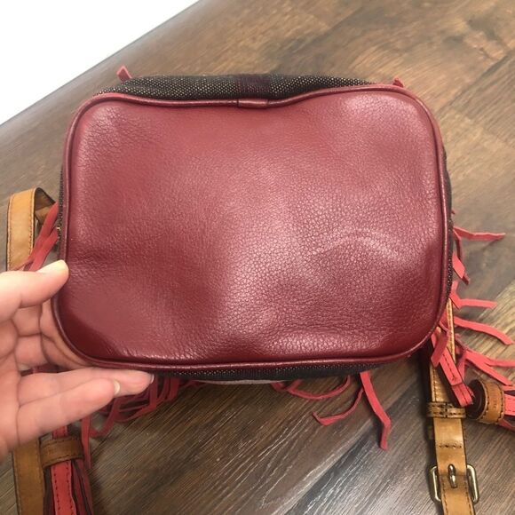 Burberry Belgrove Red Fringe Suede Leather Nova Check Bucket Bag Crossbody - Picture 8 of 13